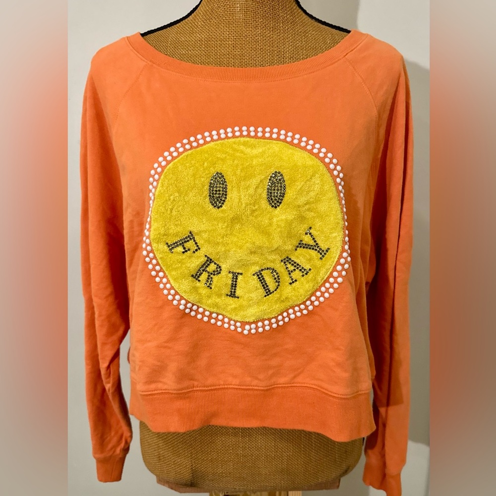 Women's‎ Small Peach Love Orange “Friday” Smiley Face Sweatshirt Rhinestone